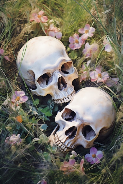 Free photo skeleton couple posing with flowers