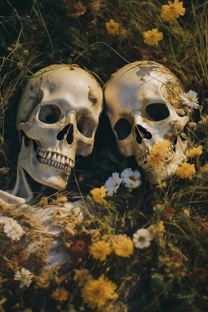 Free photo skeleton couple posing with flowers