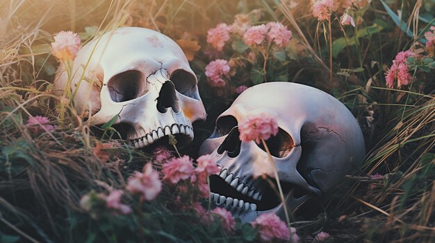 Skeleton couple posing with flowers