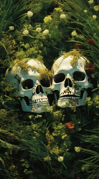 花とポーズをとる骸骨のカップル