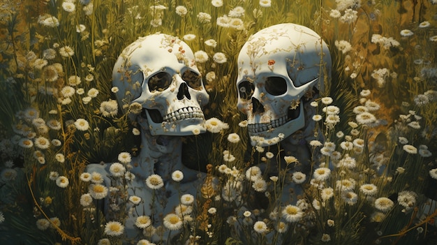 Skeleton couple posing with flowers