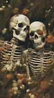 Free photo skeleton couple posing with flowers