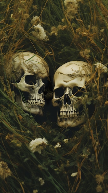 Skeleton couple posing with flowers