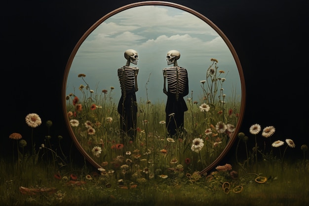 Free photo skeleton couple posing with flowers