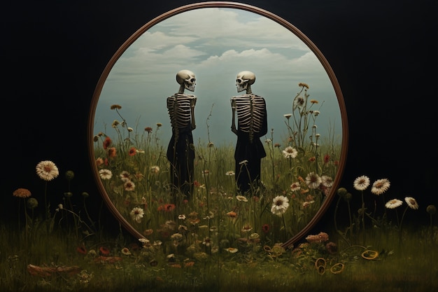Skeleton couple posing with flowers
