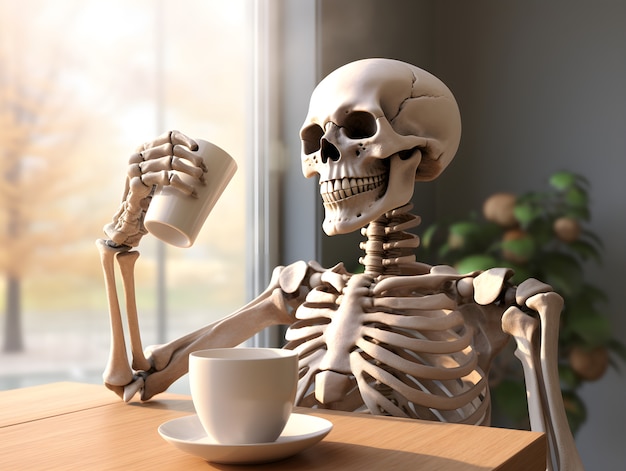 Бесплатное фото Скелет пьет кофе