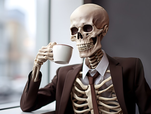 Skeleton drinking coffee