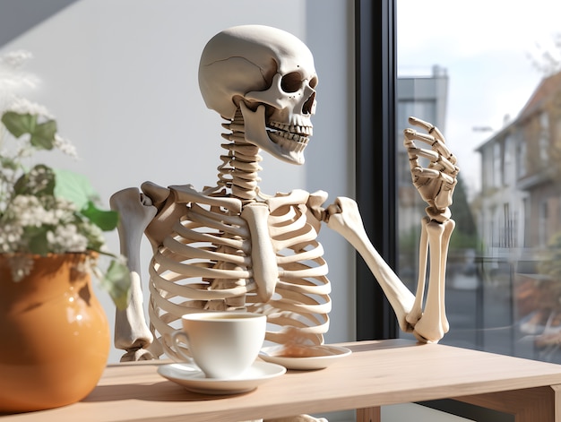 Skeleton drinking coffee