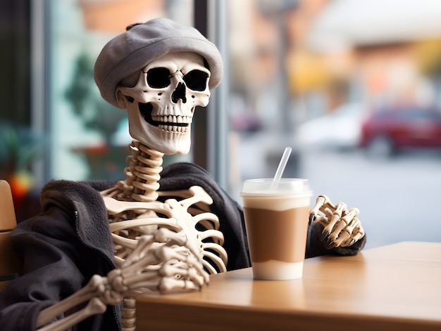 Skeleton drinking coffee