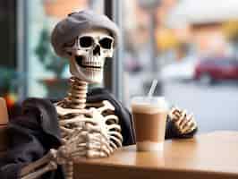 Free photo skeleton drinking coffee