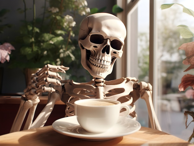 Skeleton drinking coffee