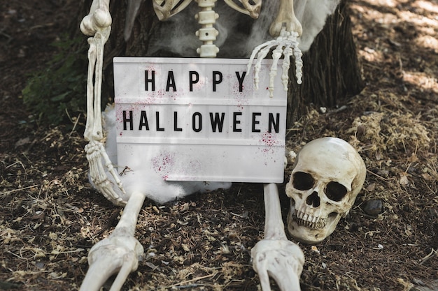 Free photo skeleton leaning on tree and holding halloween tablet