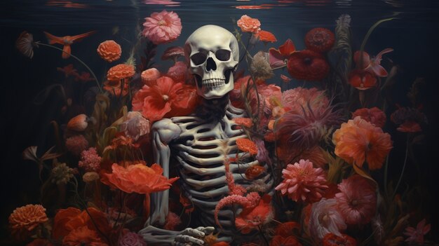 Скелет позирует с цветами