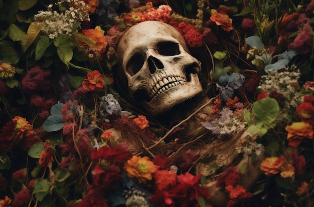 Free photo skeleton posing with flowers