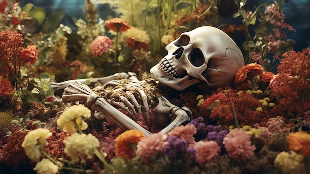 Free photo skeleton posing with flowers