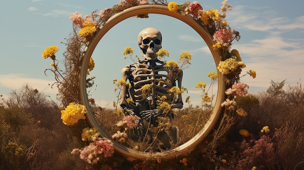 Free photo skeleton posing with flowers