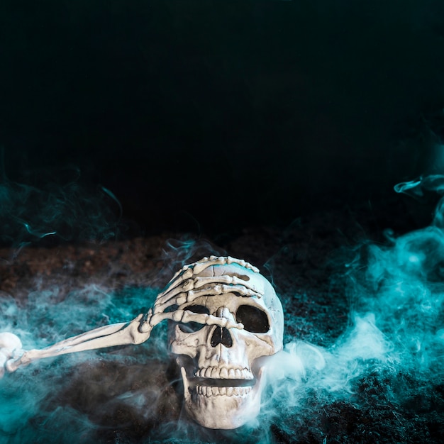 Рука скелета трогает череп в синем тумане на земле