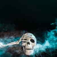 Бесплатное фото Рука скелета трогает череп в синем тумане на земле