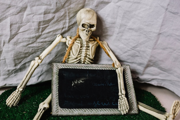 Free photo skeleton sitting with blackboard