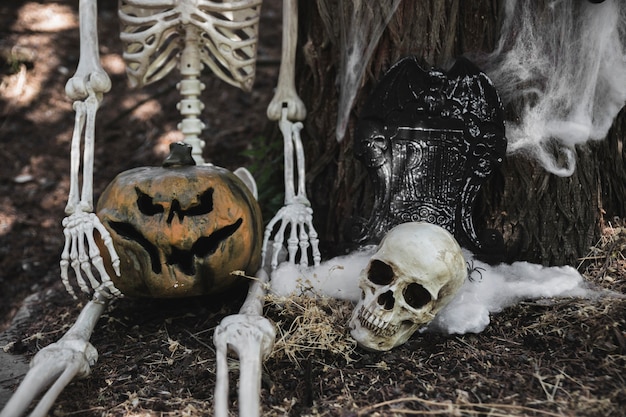 Skeleton with pumpkin sitting near skull and gravestone leaning on tree