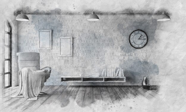Sketched image of a chair in modern apartment setting