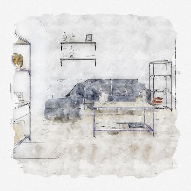 スケッチして描いた現代的なリビング ルームのインテリアとモダンな家具