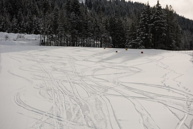 Ski tracks on snowy slopes in ski resort