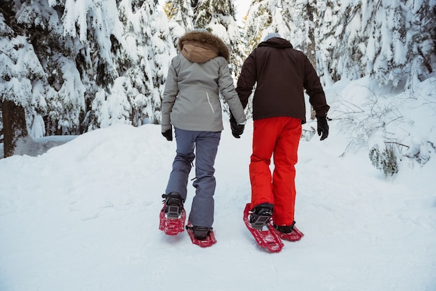 Free photo skier couple walking on snow covered mountain