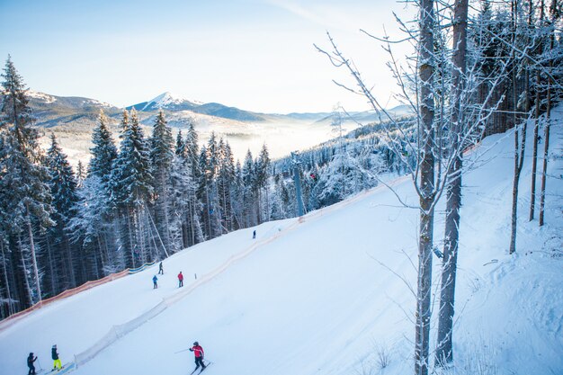 Skiers on the ski lift riding up at ski resort with beautiful forests