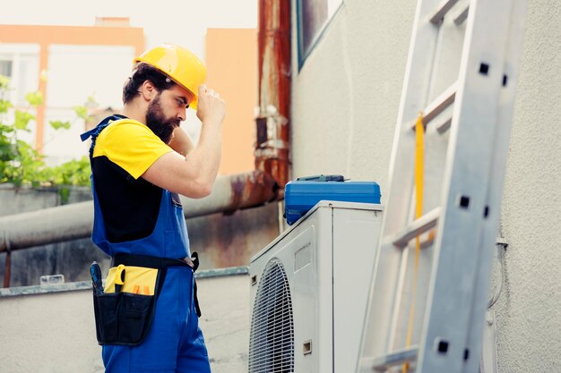 Free photo skilled electrician contracted to check up on outdoor air conditioner starting work shift. trained worker wearing protective gear preparing to service faulty external hvac system