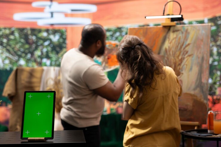 Skilled painters working on an artistic creation next to chroma key screen