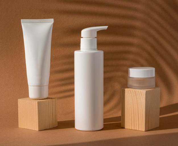 Skin products arrangement on wooden blocks