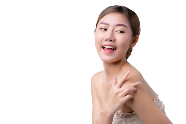 Skincare and makeup concept beautiful asian female woman with healthy facial skin close up portrait studio shot