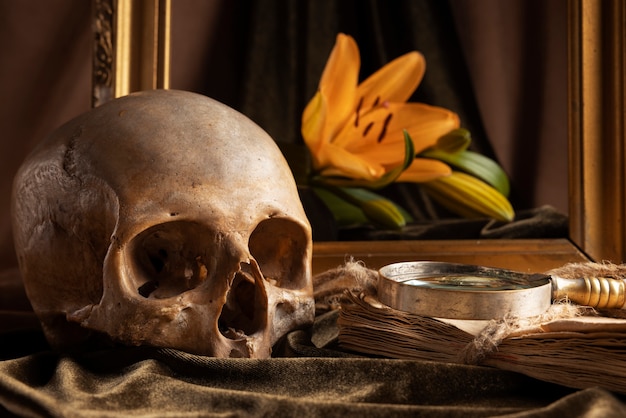 Бесплатное фото Натюрморт с черепом и цветочной композицией