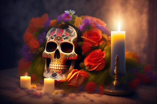 A skull and a candle are surrounded by flowers.