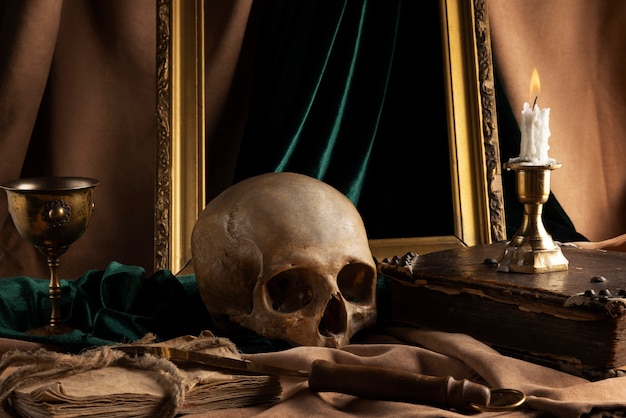 Free photo skull and candle arrangement still life