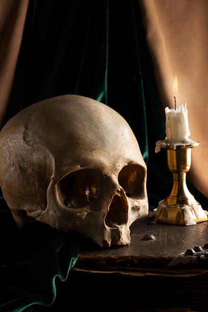 Free photo skull and candle arrangement still life