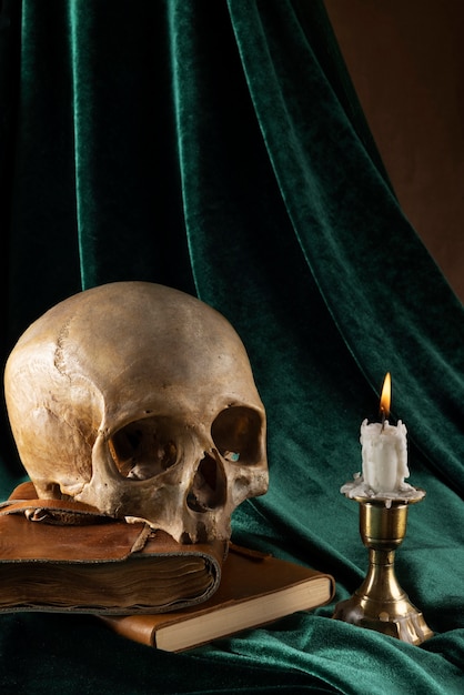 Skull and candle arrangement still life