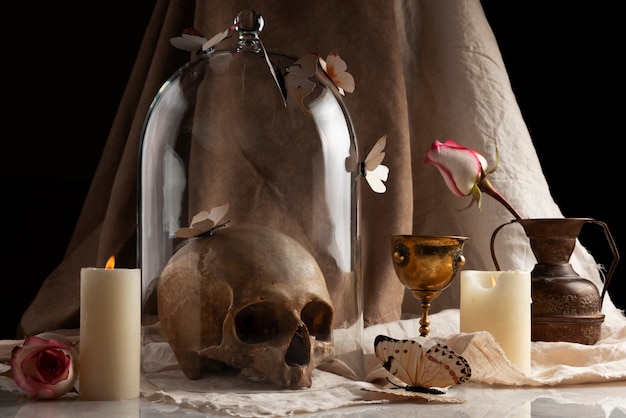 Skull and candle arrangement still life