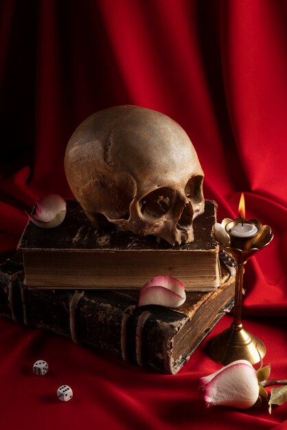 Skull and candle arrangement still life