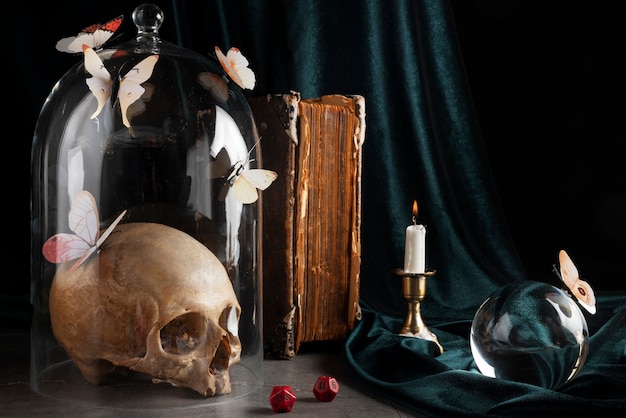 Skull and candle arrangement still life