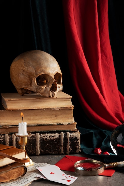 Skull and candle arrangement still life