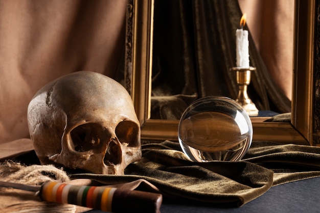 Free photo skull and candle arrangement still life