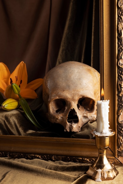 Free photo skull and candle arrangement still life