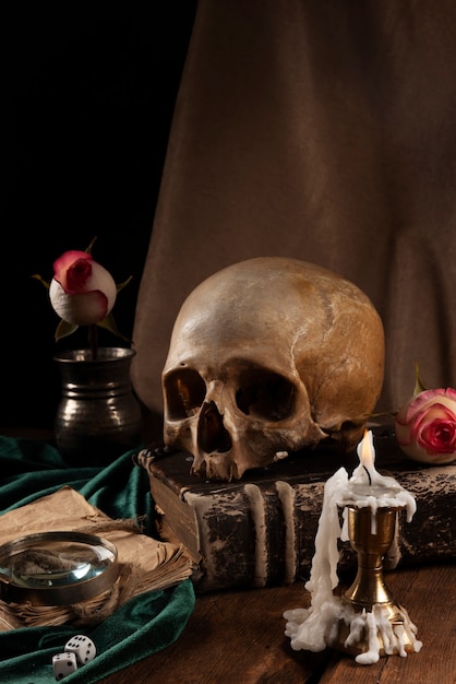 Free photo skull and flower arrangement still life