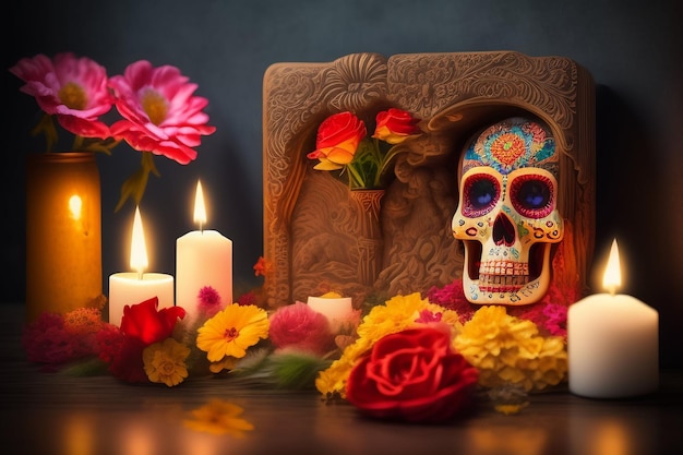 A skull and flowers are surrounded by a display of flowers.