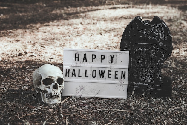 Skull, gravestone and Halloween tablet on ground
