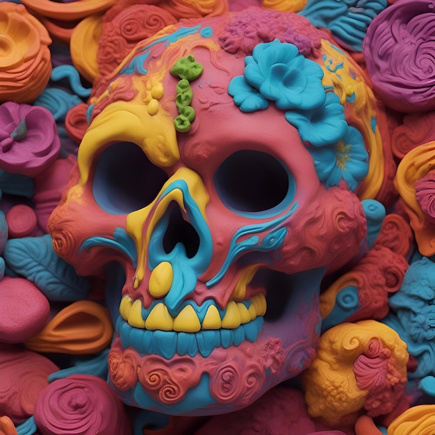 Skull made of colorful plasticine 3d render illustration