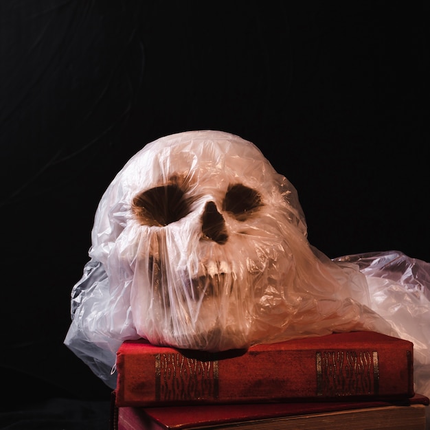 Skull in plastic bag on book pile