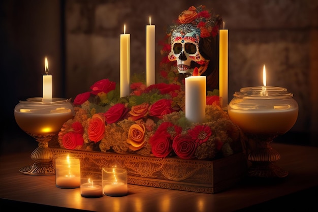 A skull surrounded by candles and candles with the word skull on it.